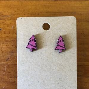Pink Mini Christmas Tree Stud Earrings - Hand Painted Wood, Hypoallergenic